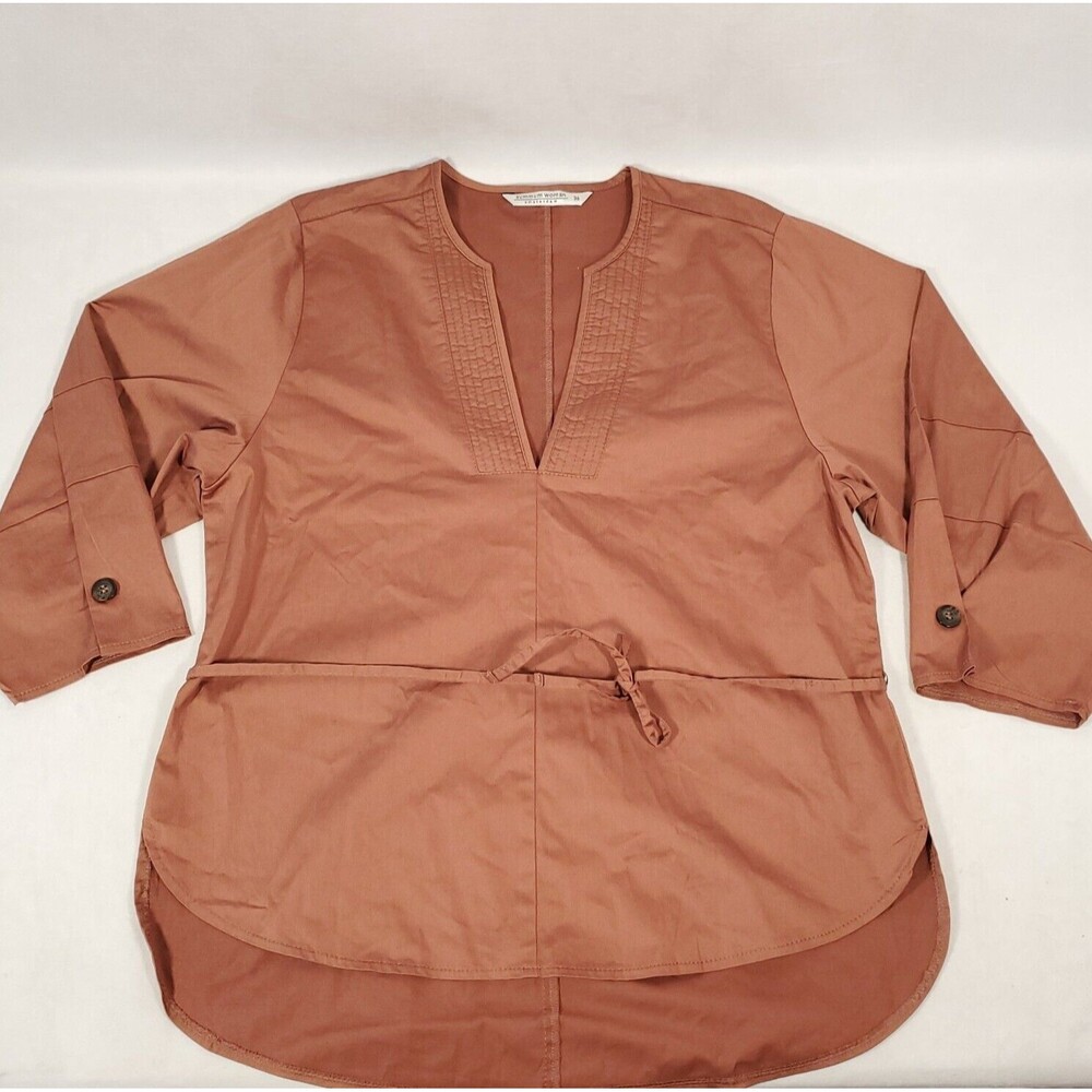 Summum Woman Sz 36 Brown Hi-Low Tunic Tie Blouse Button Lagenlook Modern Natural